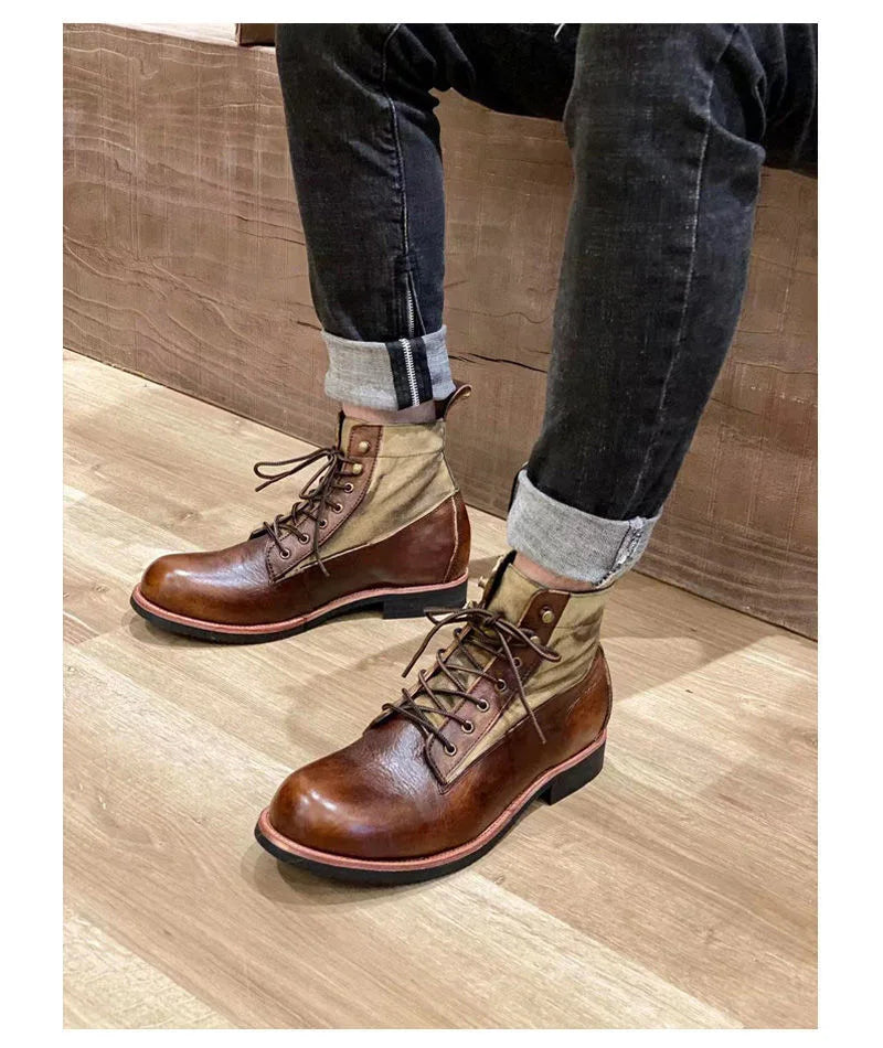 New Brown Boots for Men Black Business Handmade Men's Short Boots Round Toe Slip-On Ankle Boots Motorcycle Boots Combat Boots