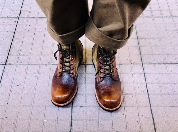 New Brown Boots for Men Black Business Handmade Men's Short Boots Round Toe Slip-On Ankle Boots Motorcycle Boots Combat Boots