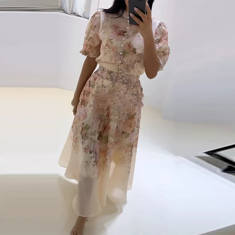 Elegant Floral Printed Long Skirts Set Women Loose Full Sleeve Single Breasted Shirts Pleated Skirt 2025 Summer Lady New Suits