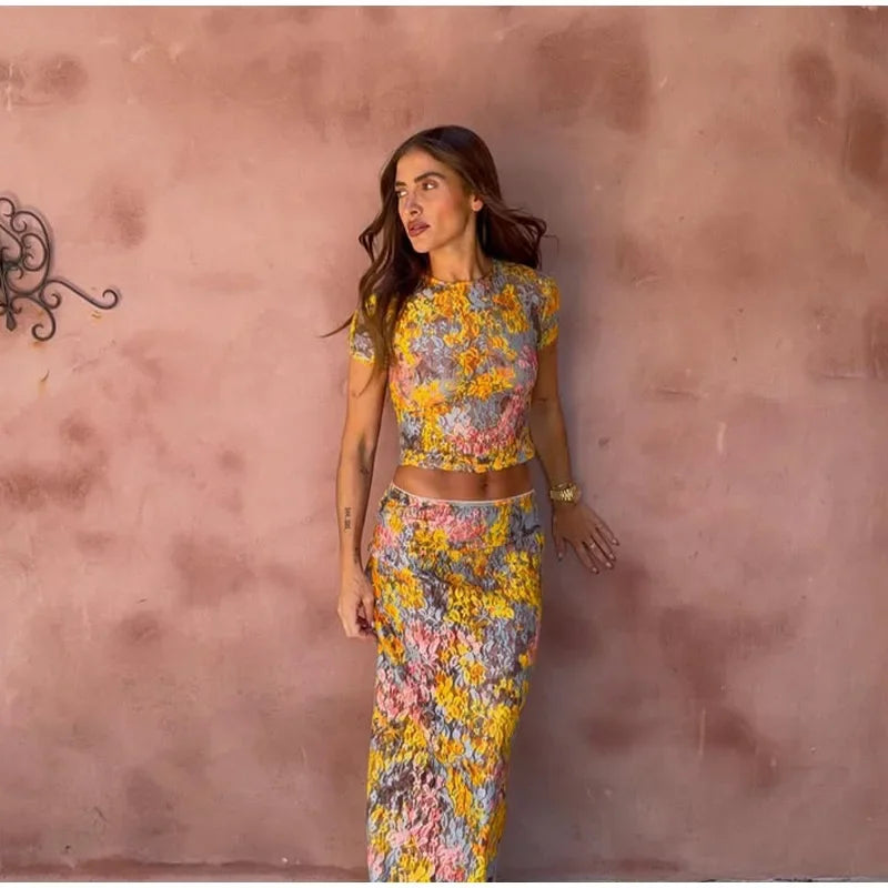 Women Elegant Printing Skirt Suit Chic Round Neck Half Sleeve Top High Waist Slim Fit 2-piece Set 2025 New Summer Fashion Outfit
