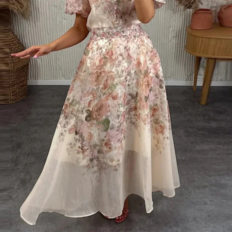 Elegant Floral Printed Long Skirts Set Women Loose Full Sleeve Single Breasted Shirts Pleated Skirt 2025 Summer Lady New Suits