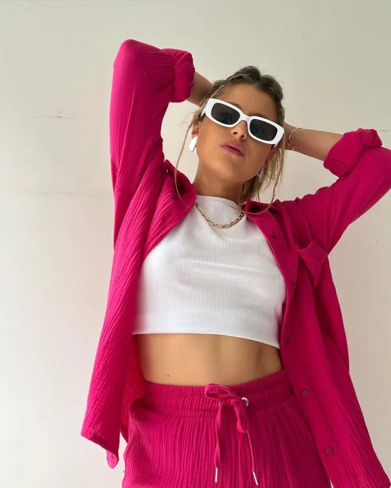Summer Women's Suit Short Sets Outfits Muslin Suit For Women 2024 Two Piece Sets Female Clothing Solid Button Lapel Outfits