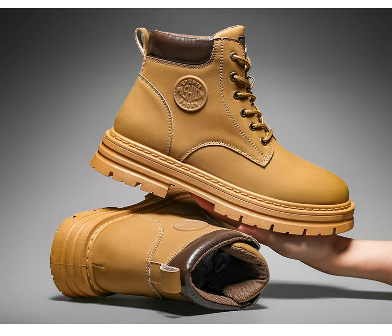 Men's high top boots four season outdoor work shoes anti slip and comfortable yellow boots fashion British casual leather boots