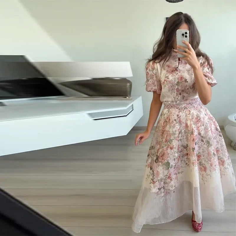 Elegant Floral Printed Long Skirts Set Women Loose Full Sleeve Single Breasted Shirts Pleated Skirt 2025 Summer Lady New Suits