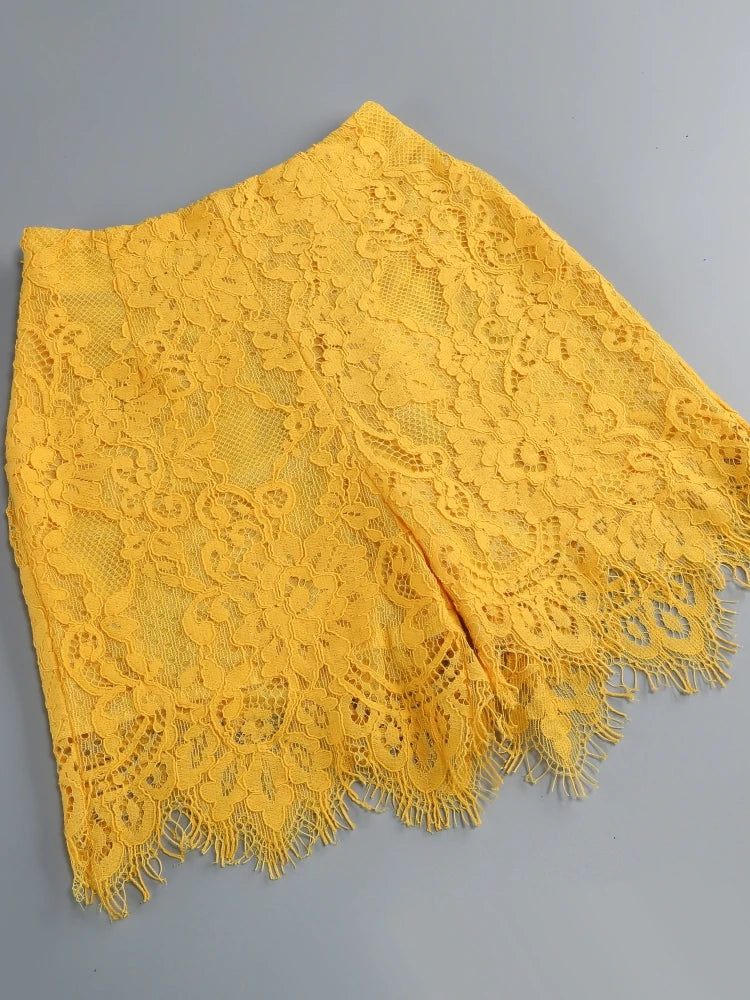 Women Lace Suit 3 Piece Set Sexy Yellow Short Top + Single Button Blazer + Shorts Sets Jacket Coat Suits Party Evening Cocktail