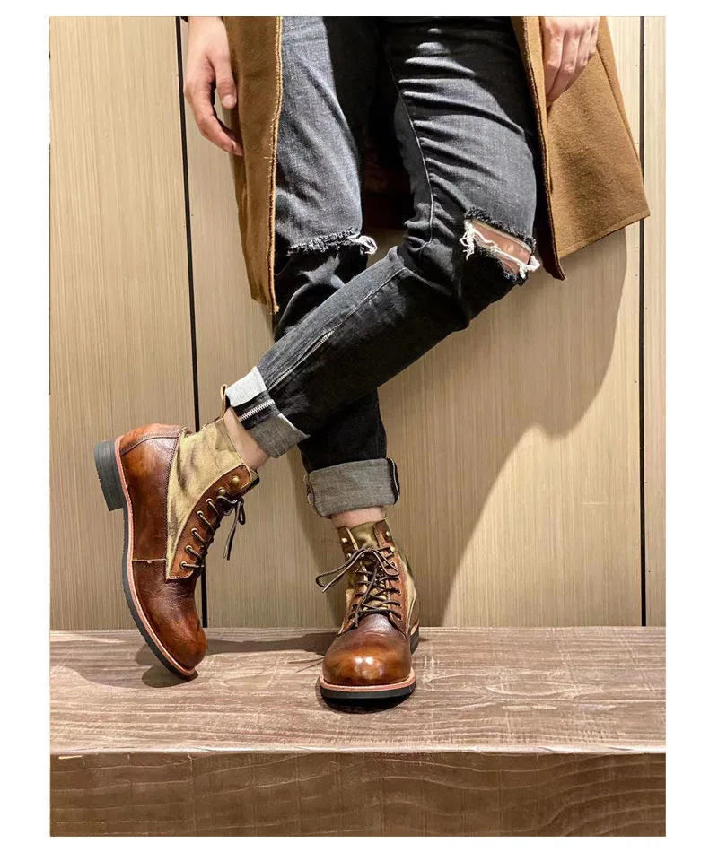 New Brown Boots for Men Black Business Handmade Men's Short Boots Round Toe Slip-On Ankle Boots Motorcycle Boots Combat Boots