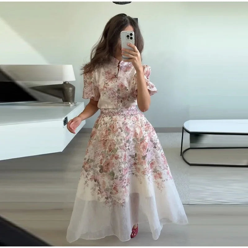 Elegant Floral Printed Long Skirts Set Women Loose Full Sleeve Single Breasted Shirts Pleated Skirt 2025 Summer Lady New Suits