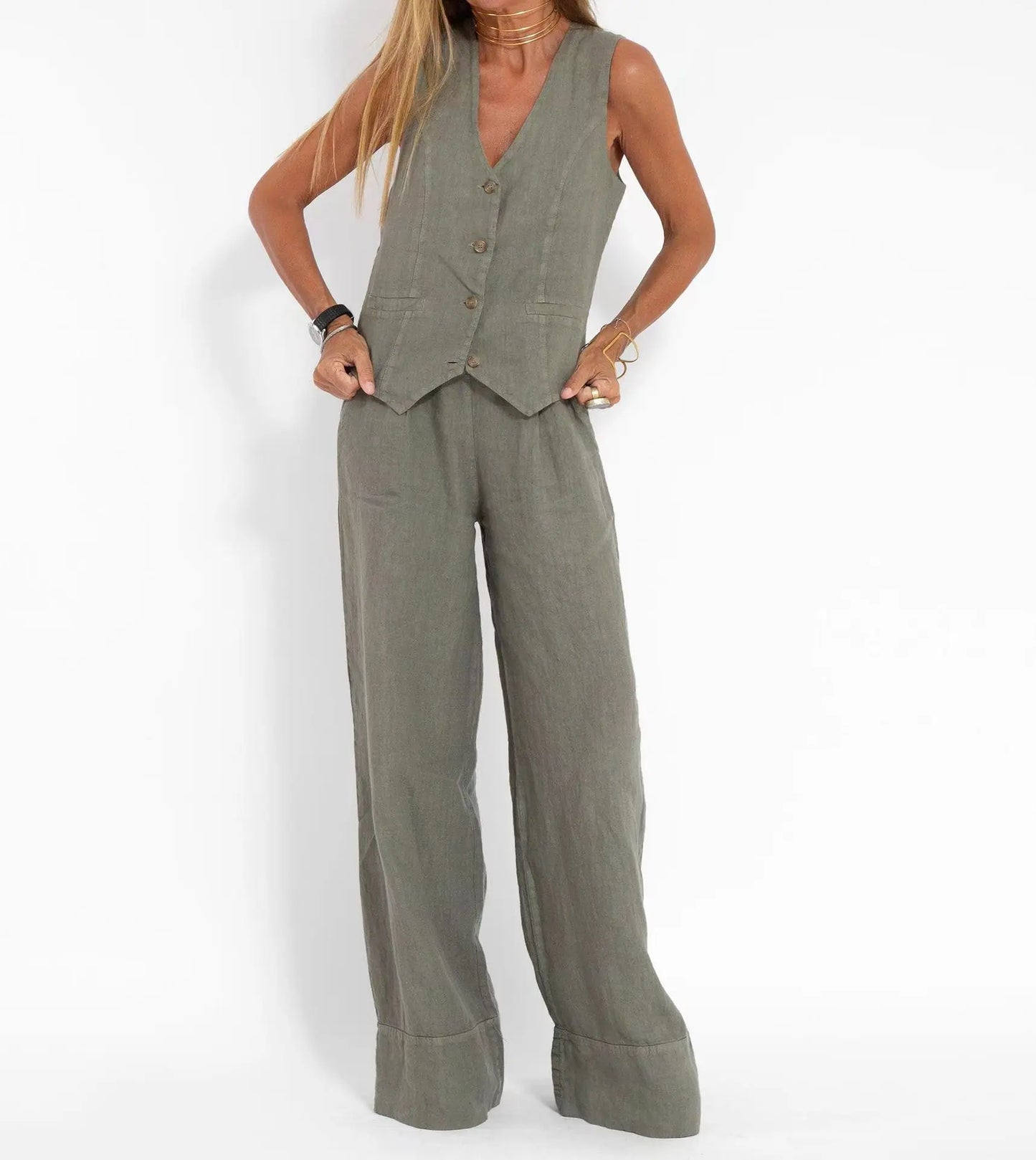 Trendy Vest & Pants Suit Set - Sleeveless 2-Piece with Color Block Stitching