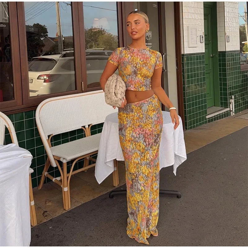 Women Elegant Printing Skirt Suit Chic Round Neck Half Sleeve Top High Waist Slim Fit 2-piece Set 2025 New Summer Fashion Outfit