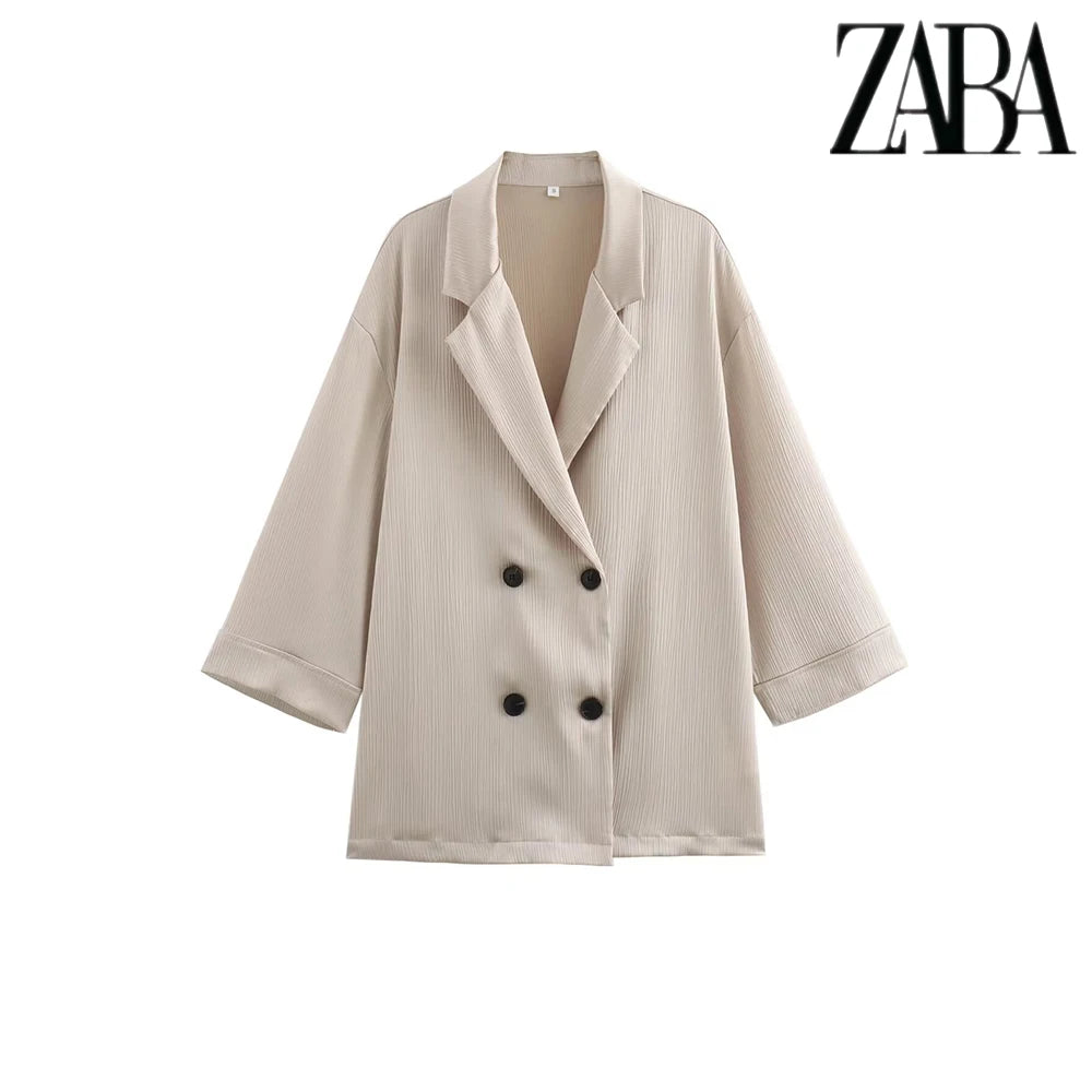 TRAF Women's Pure Colour Casual Commuter Suit Suit Double Breasted Lapel Jacket High Waisted Wide Leg Pants Women's Two Pieces
