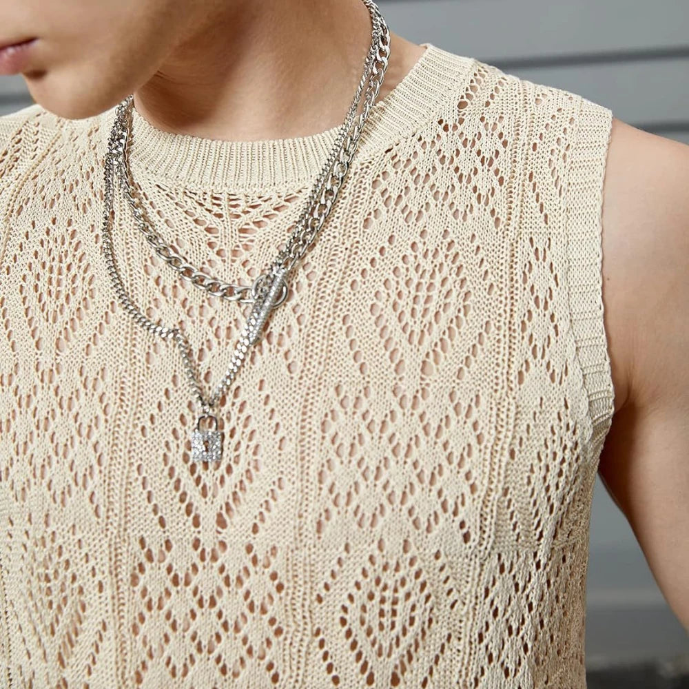 Beach Tops For Men Men'S Knitted Hollowed Out Vest Crew Neck Sleeveless Male Clothes With Designs Camiseta Sin Mangas Hombre