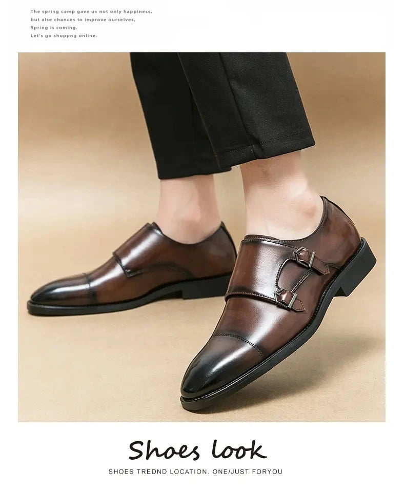 Men Business Dress Shoes Black Brown Side Double Button Leather Shoes European Fashion Versatile Suit Le Fu Shoes Size 38-46