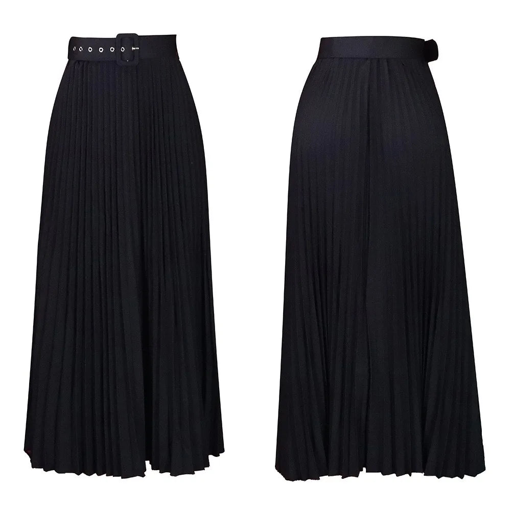 Elegant Pleated Skirts for Woman 2024 New High Waisted Belt Waisted Ankle Length Autumn Winter Wear Bottoms Skirts Clothes Hot