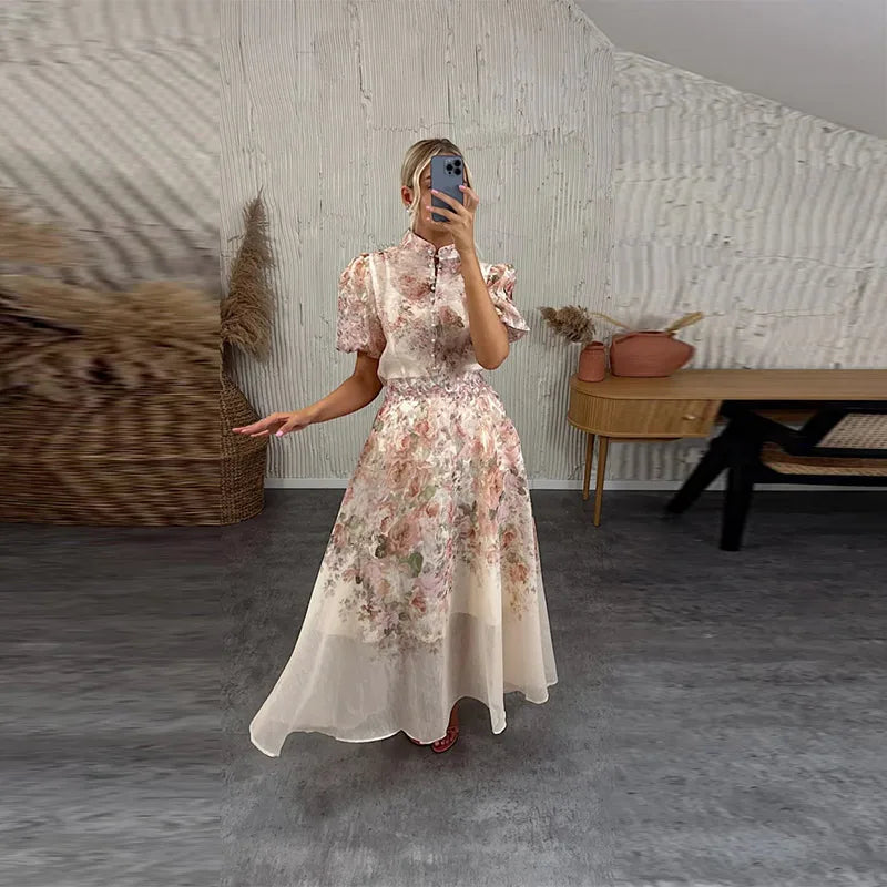 Elegant Floral Printed Long Skirts Set Women Loose Full Sleeve Single Breasted Shirts Pleated Skirt 2025 Summer Lady New Suits