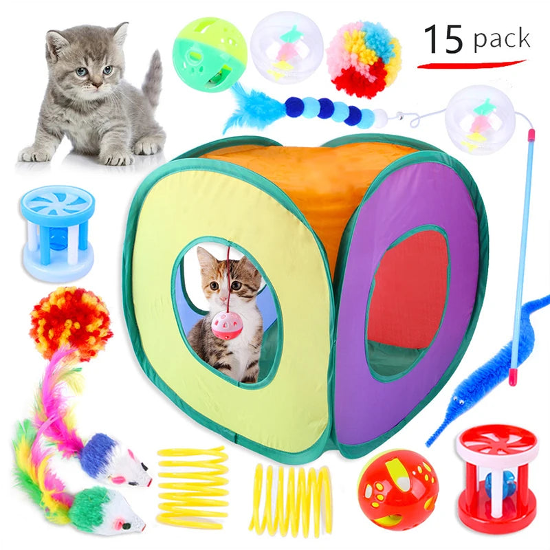 Cat Toys Rainbow Tunnel Set Foldable Cat Kitten Play Tunnel Chat Mouse Supplies Simulation Fish Cat Accessories