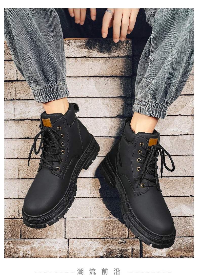 Men's high top boots four season outdoor work shoes anti slip and comfortable yellow boots fashion British casual leather boots
