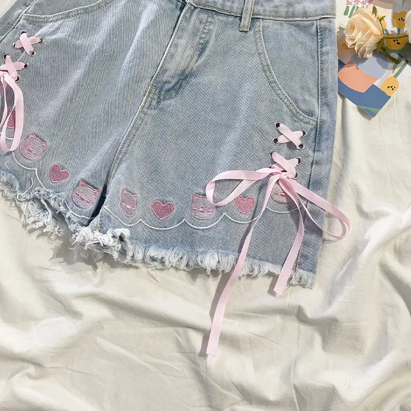 Japanese Denim Shorts Women 2025 New Bottoms Hig Waist Embroidery Bandage Pants Tunic Cute Shorts Pantalones Cortos De Mujer