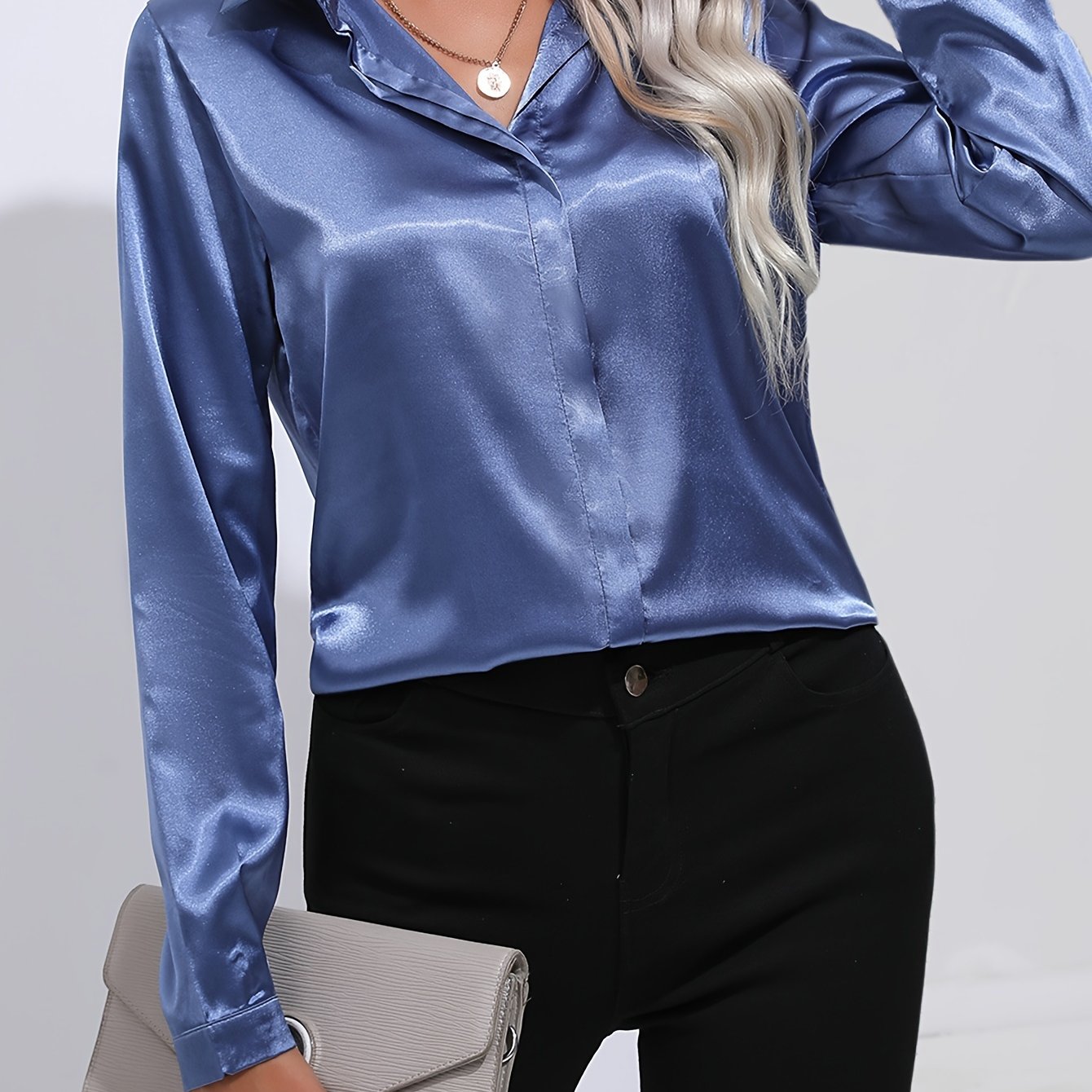 Solid Color Button Up Shirt, Elegant Long Sleeve Collared Blouse For Spring & Fall, Women's Clothing