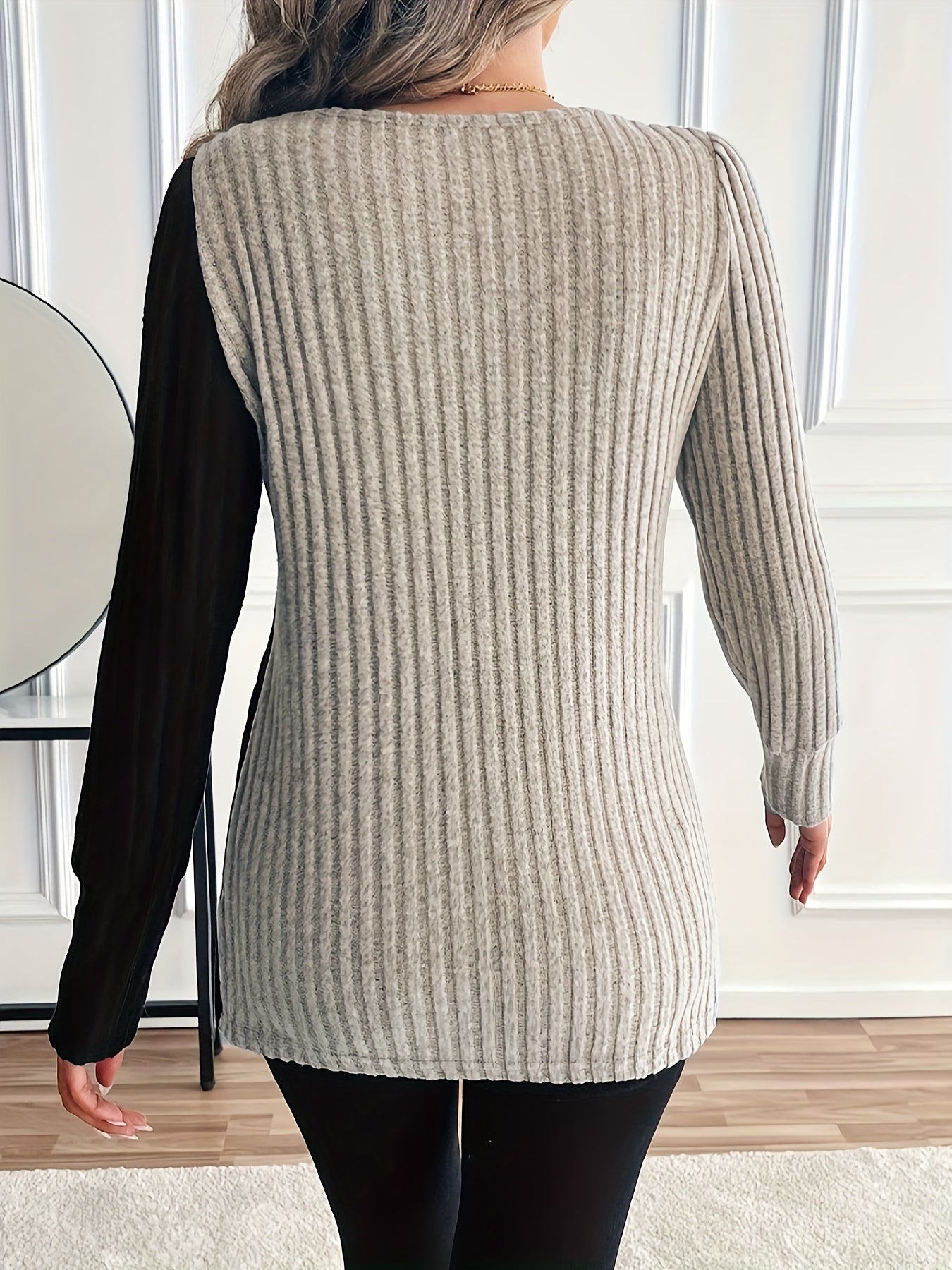 Women'S Casual Square Neck Long Sleeve Top, Asymmetrical Solid Color Knit Polyester Blouse with Spandex, Fashionable Spring/Fall Outerwear, 230gsm Fabric Weight