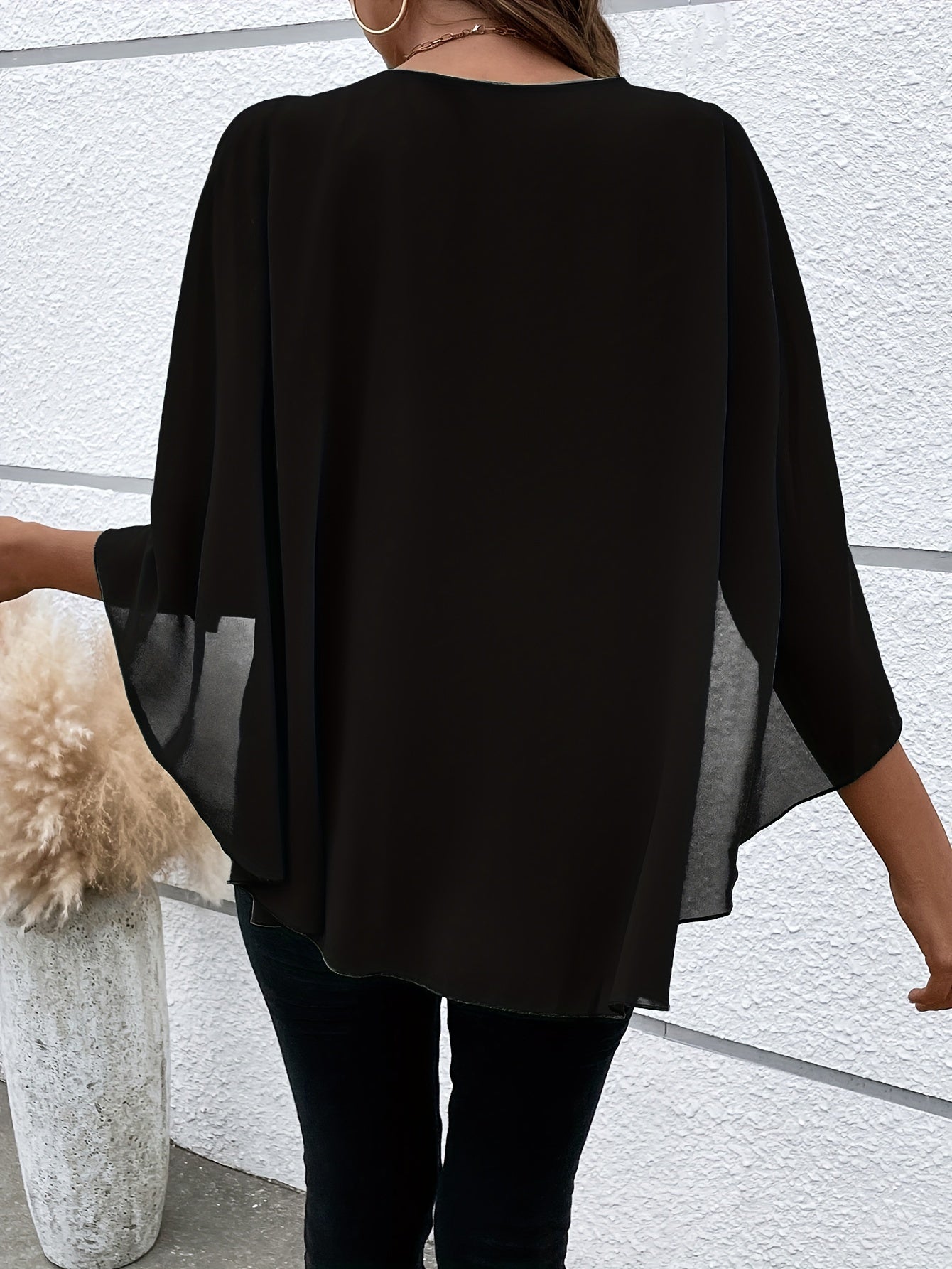 Solid Layered Cloak Sleeve Blouse, Versatile Crew Neck Blouse For Spring & Fall, Women's Clothing