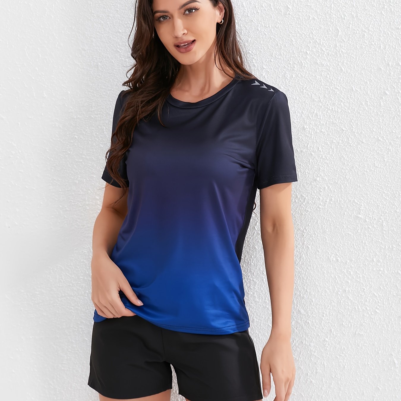 Women's Ombre Sports Tee, Gradient Shades, Casual Athletic T-Shirt, Short-Sleeve, Quick Dry, Breathable Fabric, Gym Wear, Running Top