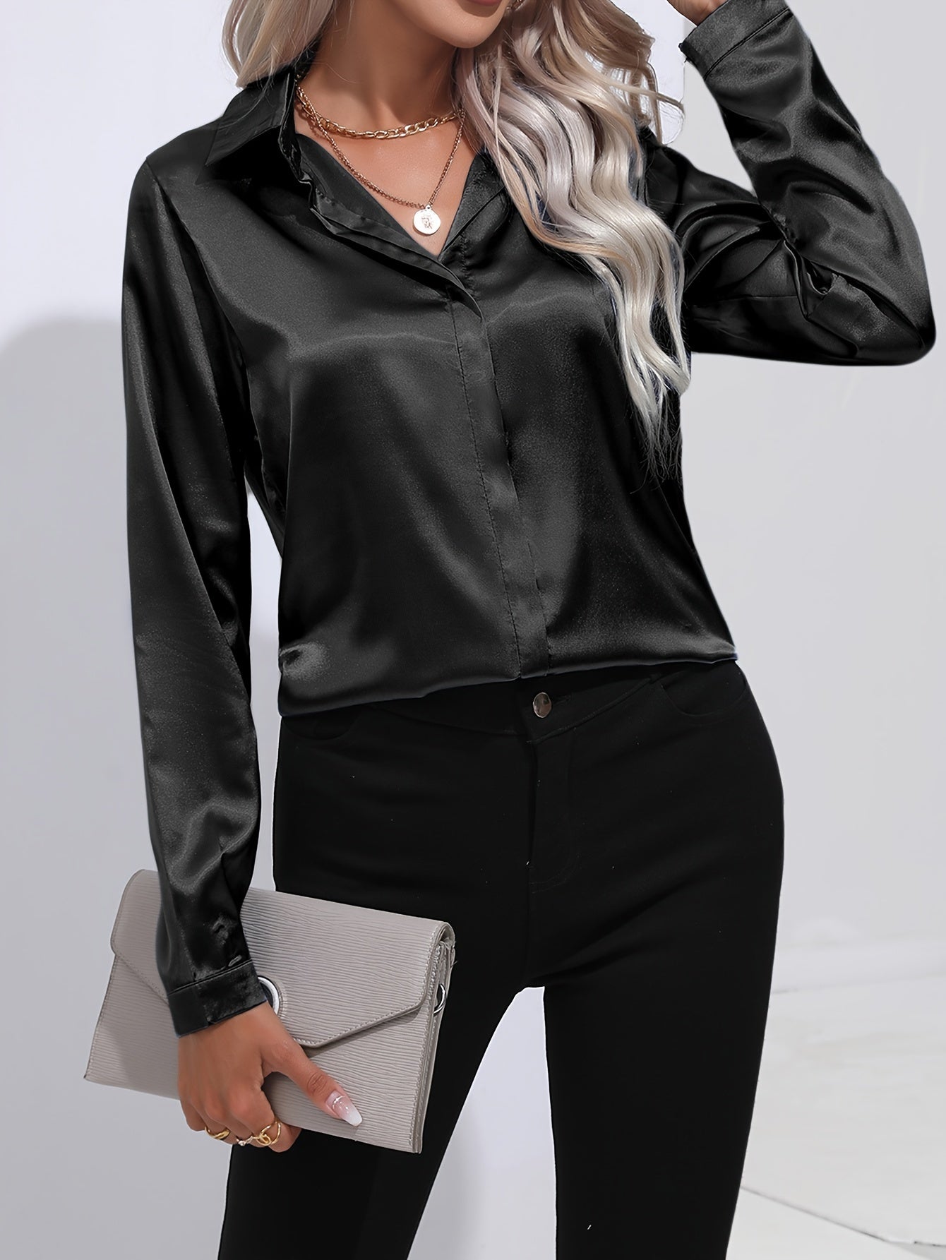 Solid Color Button Up Shirt, Elegant Long Sleeve Collared Blouse For Spring & Fall, Women's Clothing