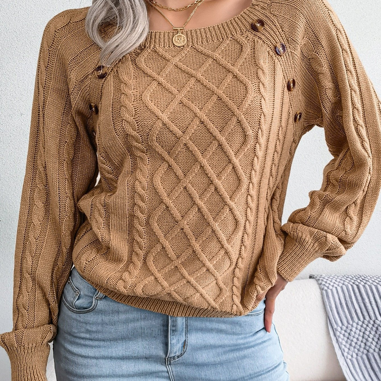 Women's Casual Square Neck Sweater - Smooth Acrylic Knit Fabric, Medium Stretch, Regular Length | Hand Wash or Professional Dry Clean | Button Detail