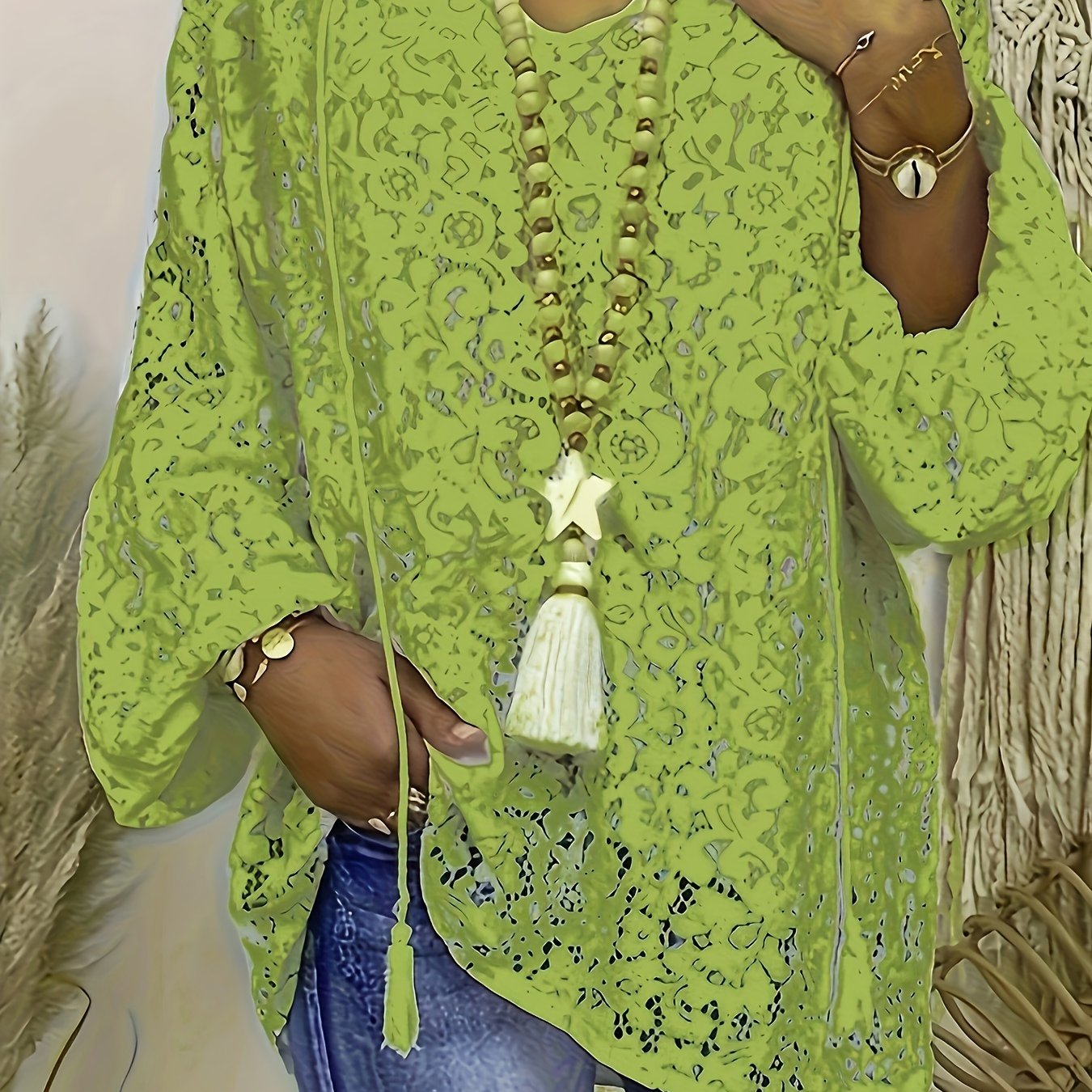 Plus Size Boho Blouse, Women's Plus Solid Lace Lantern Sleeve Tassel Trim V Neck Tunic Shirt Top
