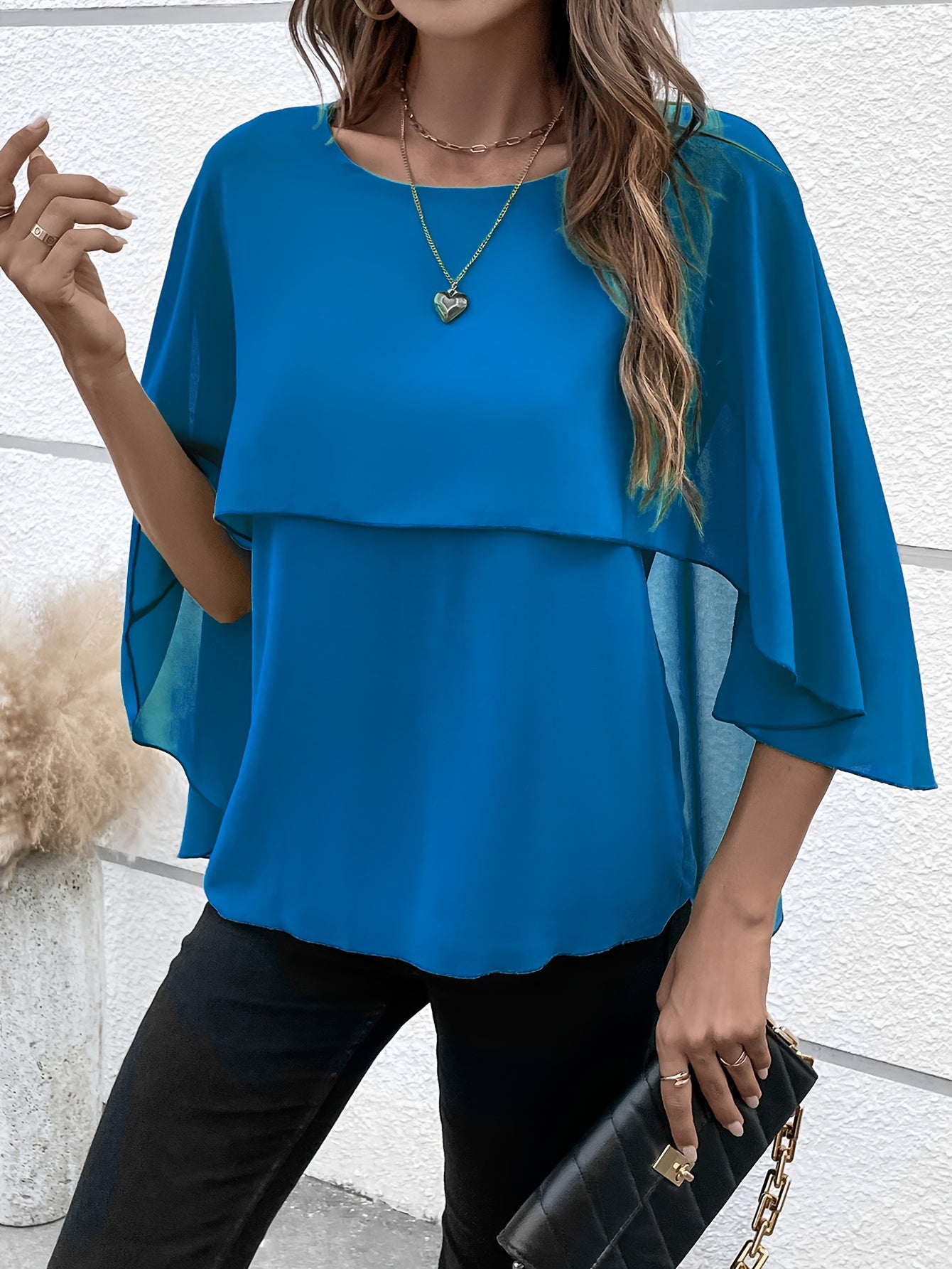 Solid Layered Cloak Sleeve Blouse, Versatile Crew Neck Blouse For Spring & Fall, Women's Clothing