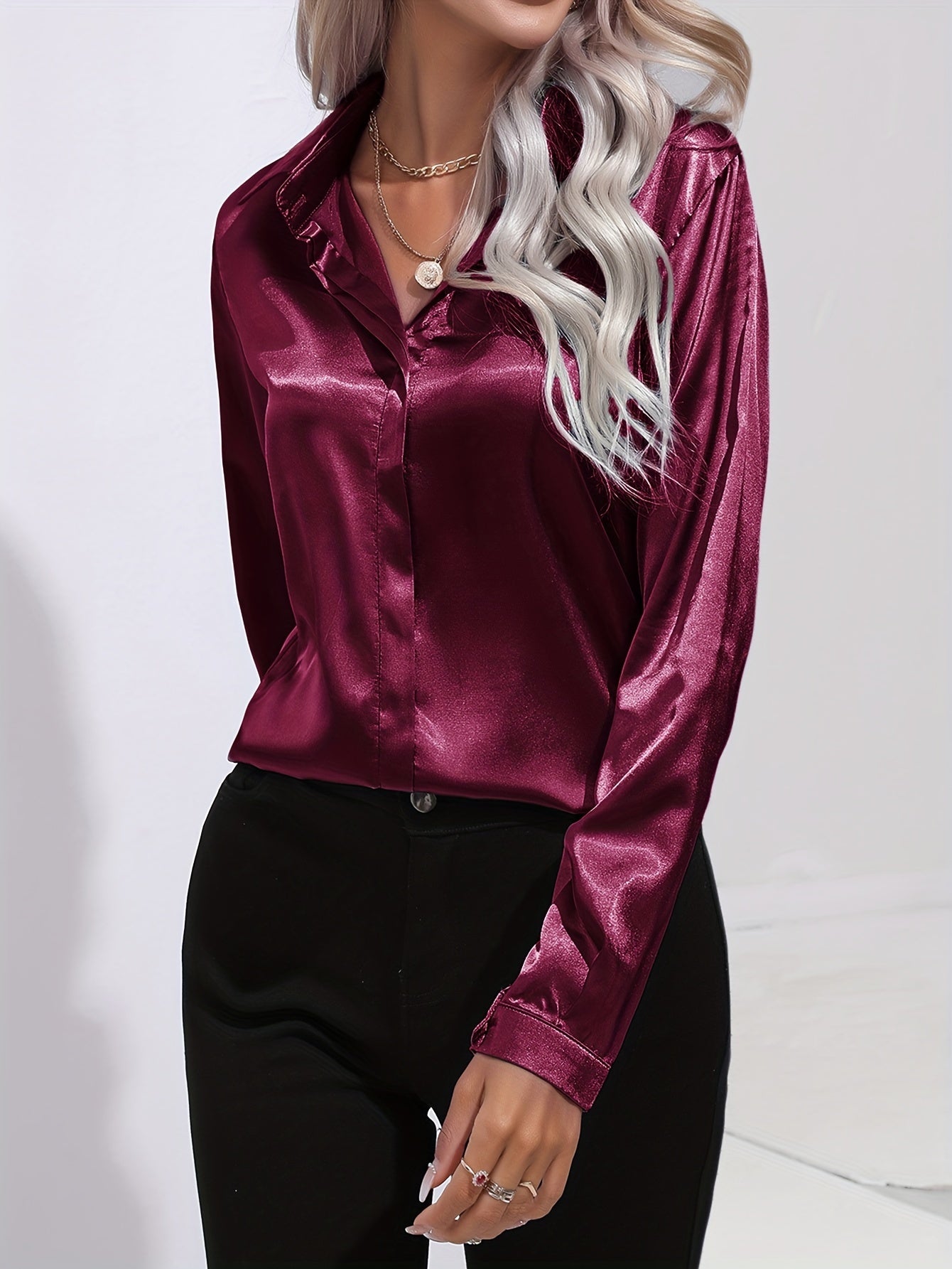 Solid Color Button Up Shirt, Elegant Long Sleeve Collared Blouse For Spring & Fall, Women's Clothing