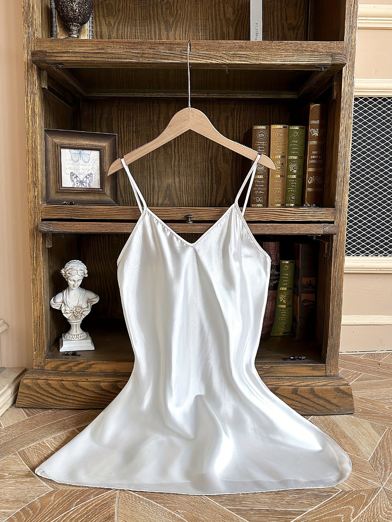Simple Solid Satin Nightdress, Elegant V-neck Side Split Spaghetti Strap Sleep Dress, Women's Sleepwear & Dresses