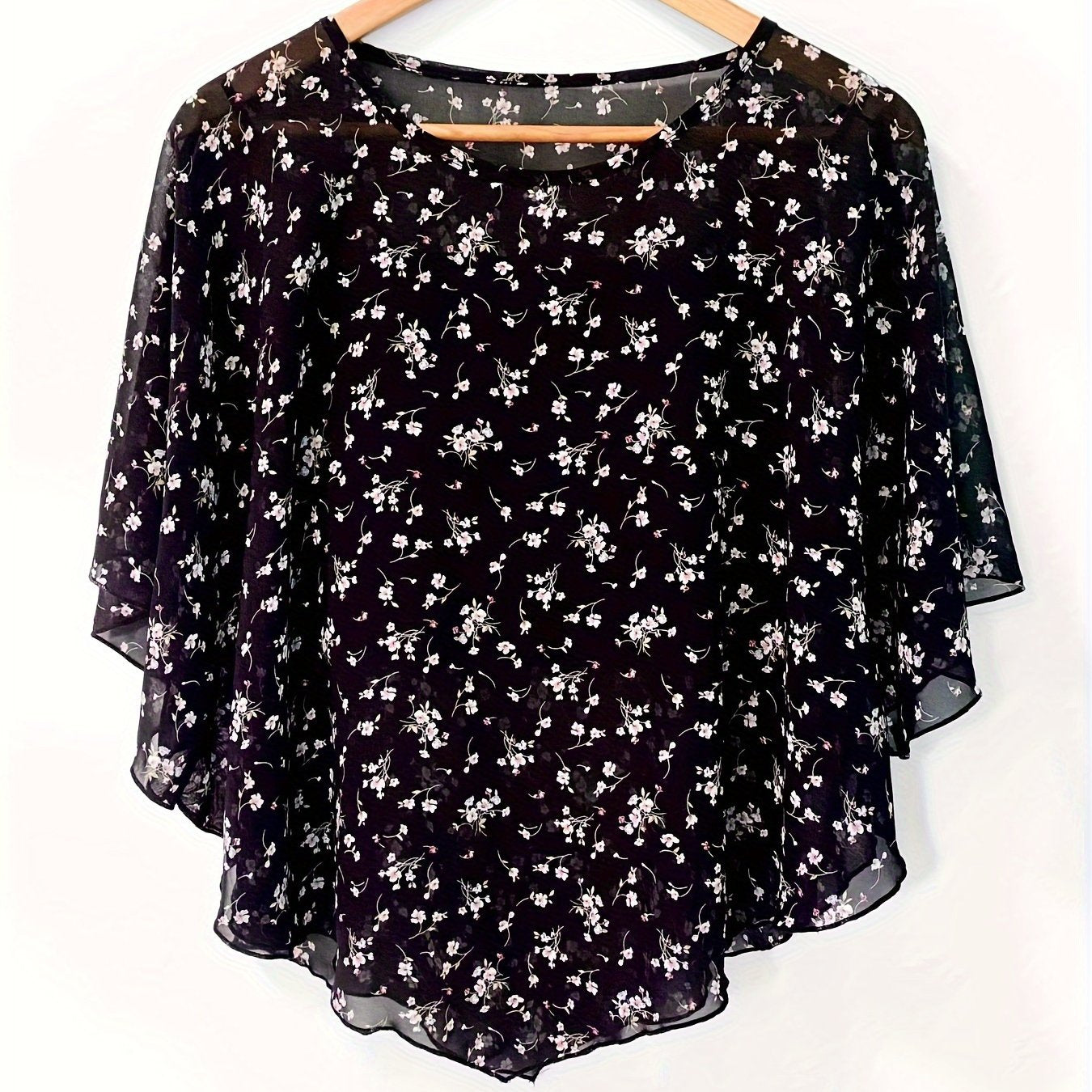 Floral Print Semi-sheer Blouse, Elegant Batwing Sleeve Irregular Hem Top For Spring & Summer, Women's Clothing