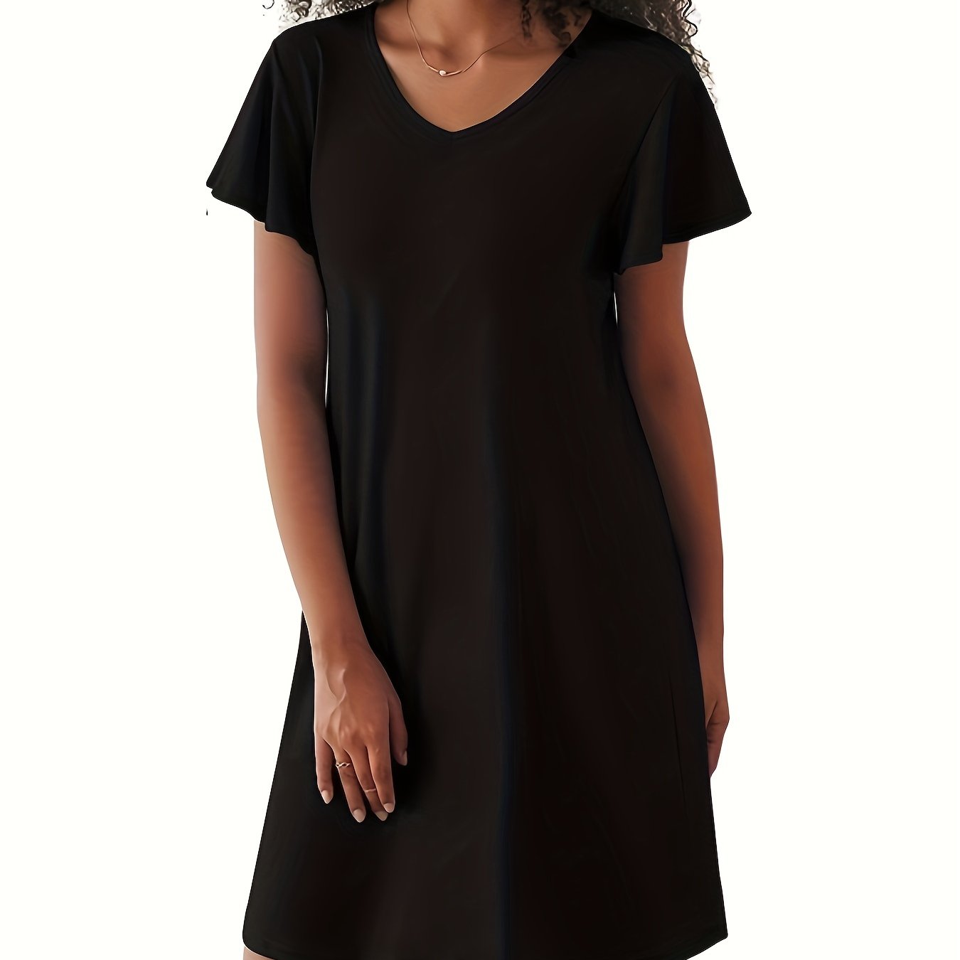 Simple Solid Lounge Dresses, Soft & Comfy Short Sleeve V Neck Home Dress, Women's Loungewear & Dresses
