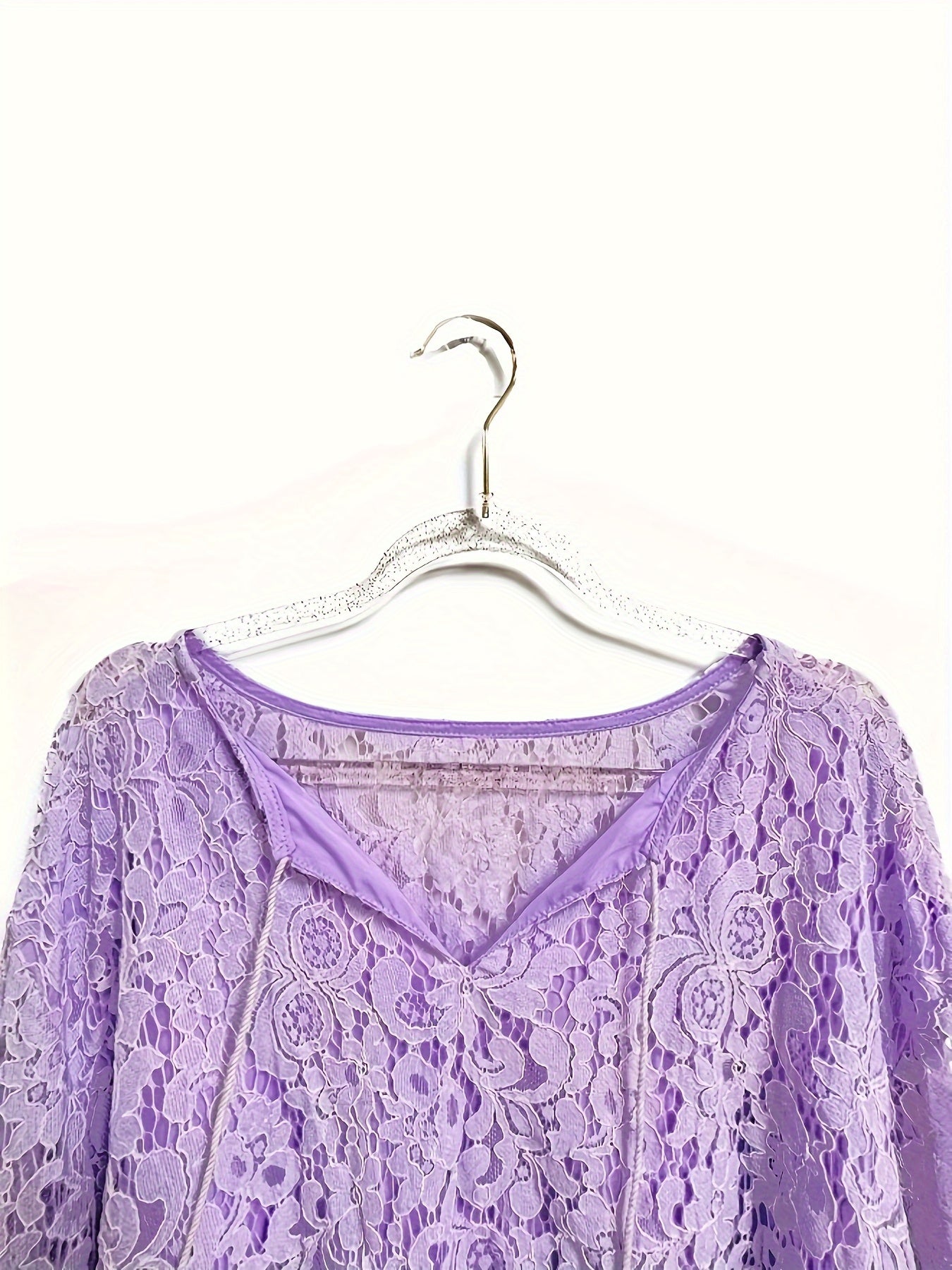 Plus Size Boho Blouse, Women's Plus Solid Lace Lantern Sleeve Tassel Trim V Neck Tunic Shirt Top