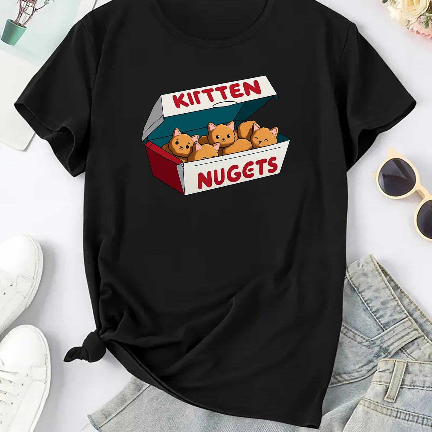 Women's Cute Cartoon Kitten Nuggets Print T-Shirt, Casual Round Neck Short Sleeve Tee, Fashion Sports Activewear Top