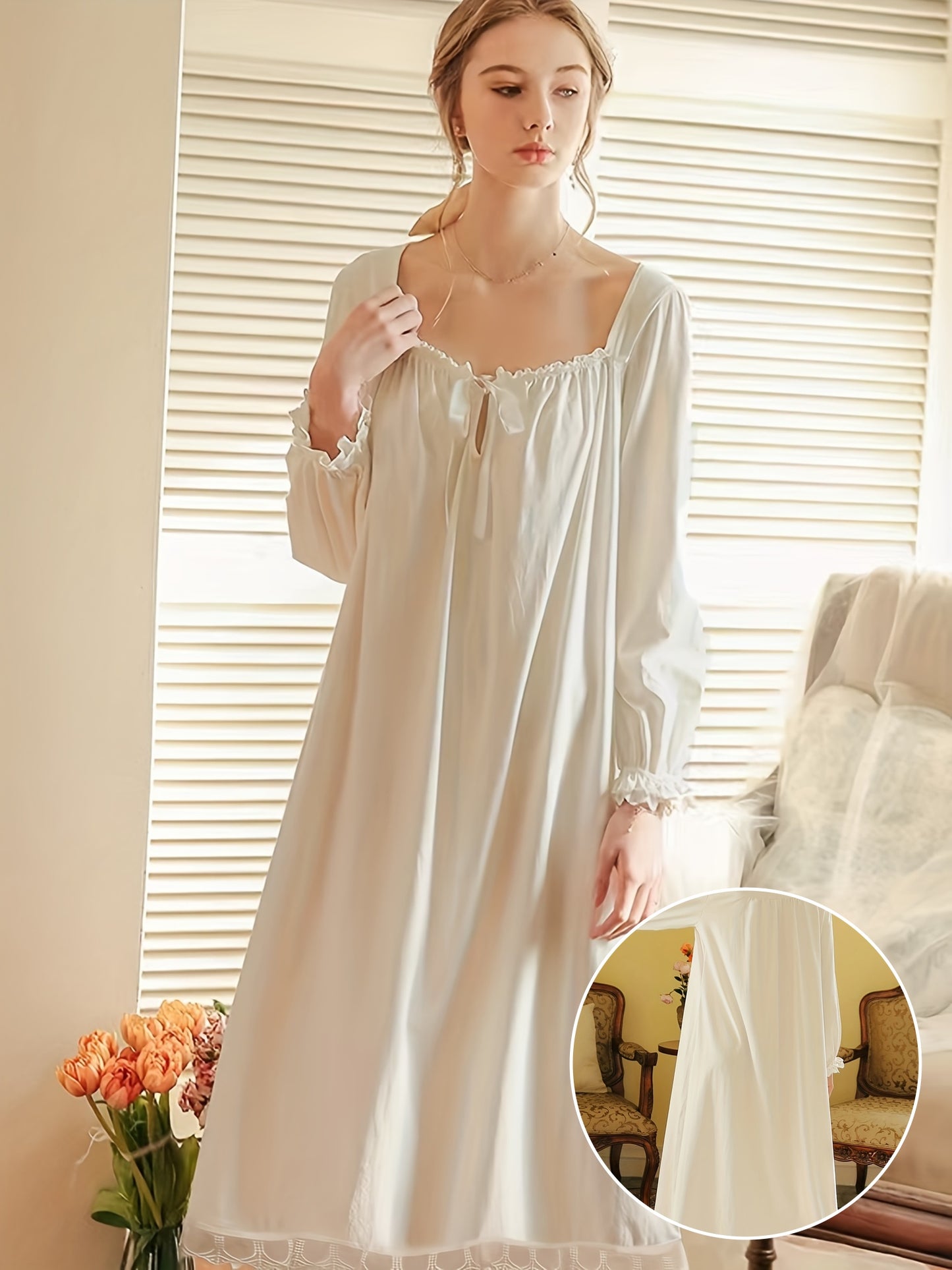 Luxurious Royal Court Style Long Sleeve Square Neck Lace Trim Lounge Dress - Soft Micro Elastic Polyester Knit Fabric, Solid Color, No Printing, Perfect for Spring, Summer, and Fall - Womens Comfortable Loungewear & Dresses f