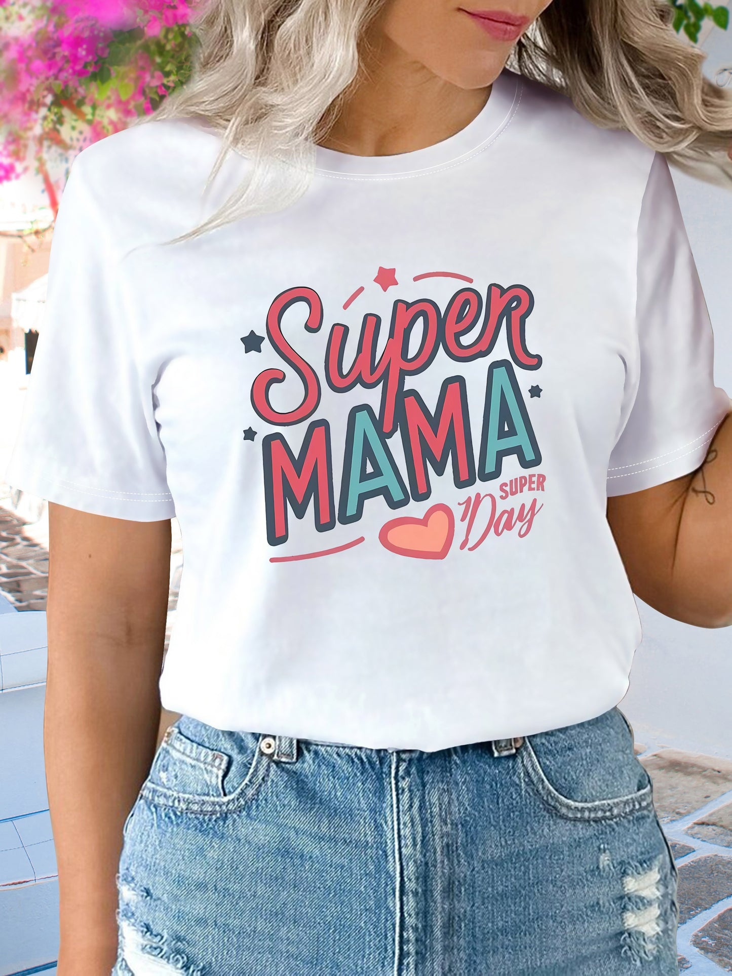 Super Mama Vintage T-Shirt - Mother's Day Casual Round Neck Short Sleeve Tee