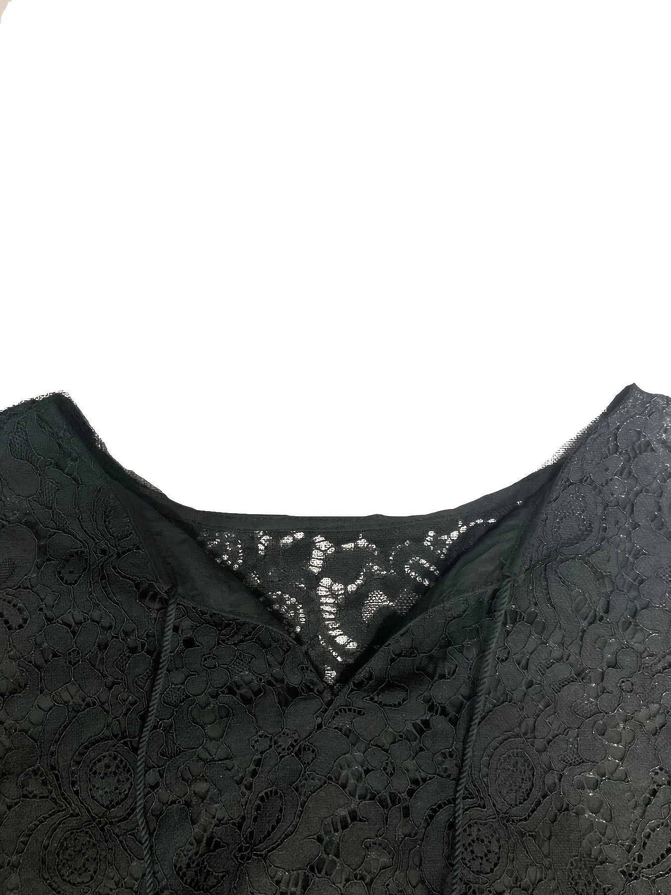 Plus Size Boho Blouse, Women's Plus Solid Lace Lantern Sleeve Tassel Trim V Neck Tunic Shirt Top