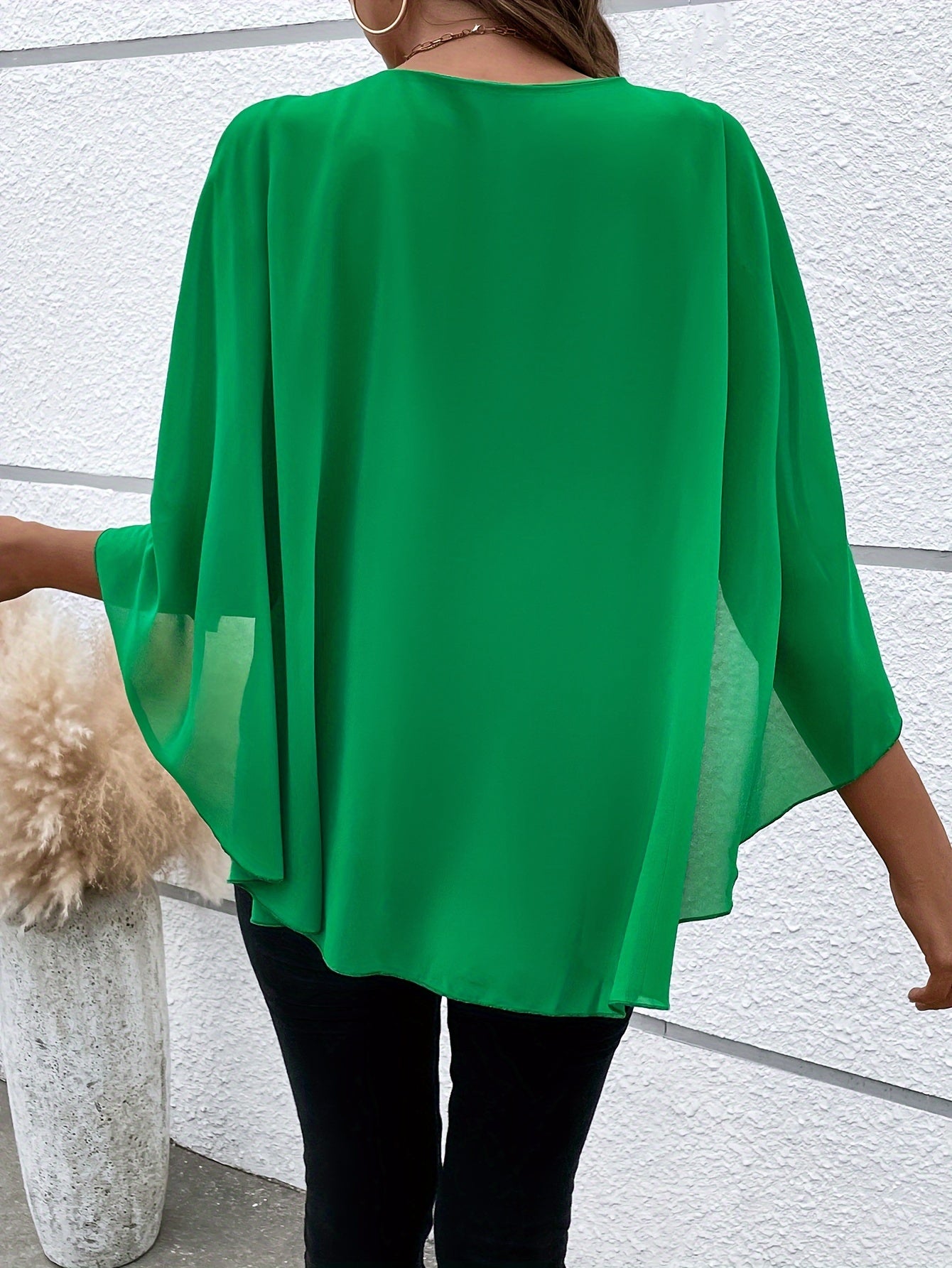 Solid Layered Cloak Sleeve Blouse, Versatile Crew Neck Blouse For Spring & Fall, Women's Clothing