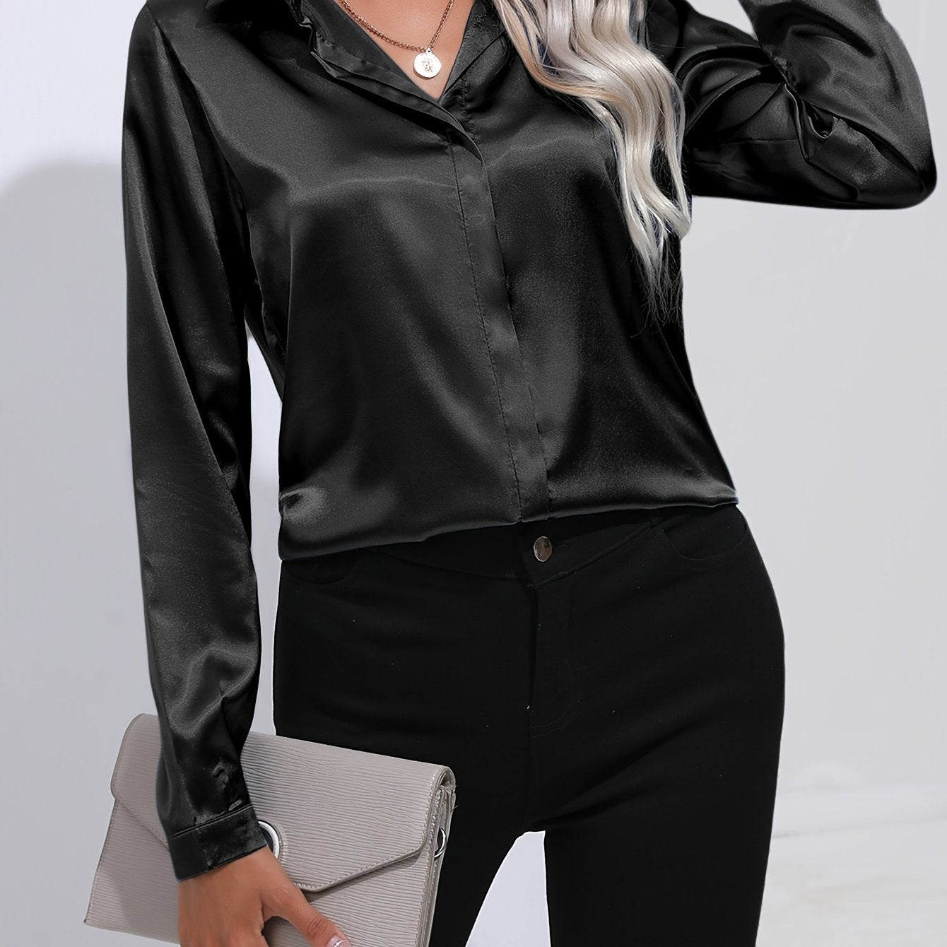 Solid Color Button Up Shirt, Elegant Long Sleeve Collared Blouse For Spring & Fall, Women's Clothing