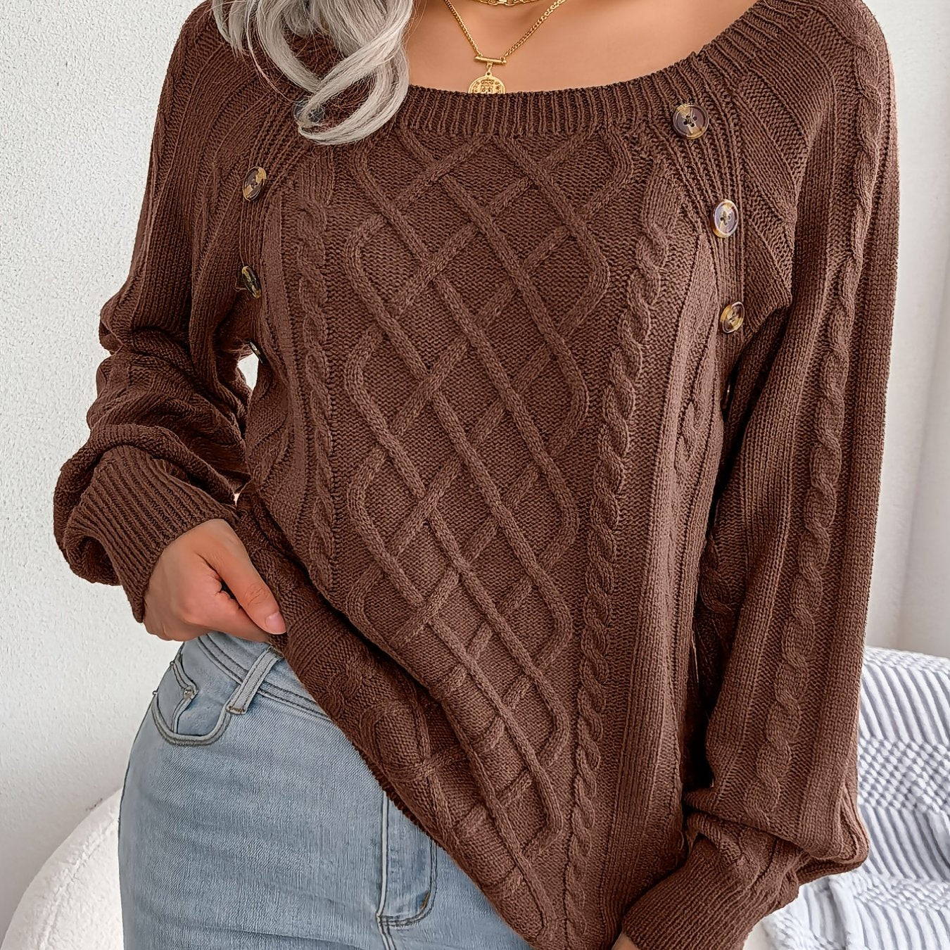 Women's Casual Square Neck Sweater - Smooth Acrylic Knit Fabric, Medium Stretch, Regular Length | Hand Wash or Professional Dry Clean | Button Detail
