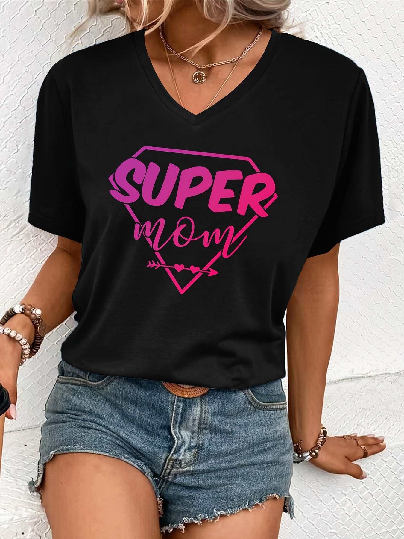 Super Mom Print Casual T-Shirt, V Neck Short Sleeves Versatile Top, Mother's Day Women's Comfy Tee