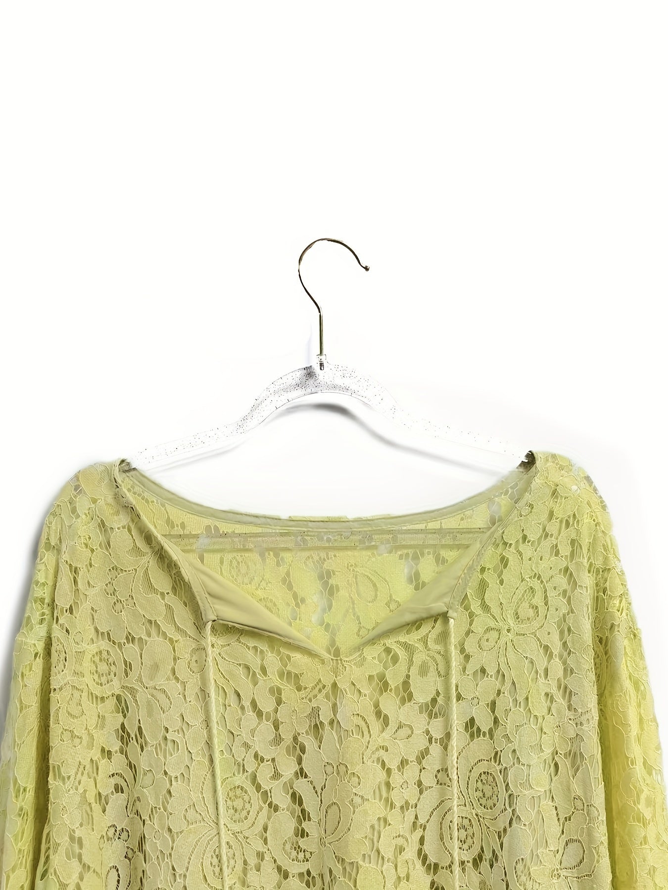 Plus Size Boho Blouse, Women's Plus Solid Lace Lantern Sleeve Tassel Trim V Neck Tunic Shirt Top