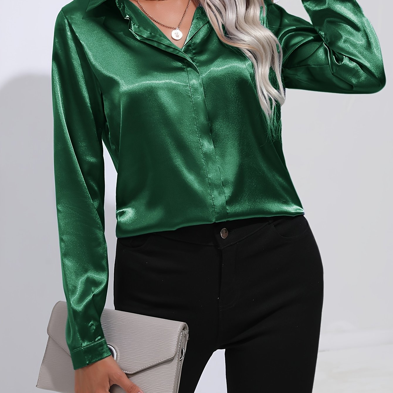 Solid Color Button Up Shirt, Elegant Long Sleeve Collared Blouse For Spring & Fall, Women's Clothing