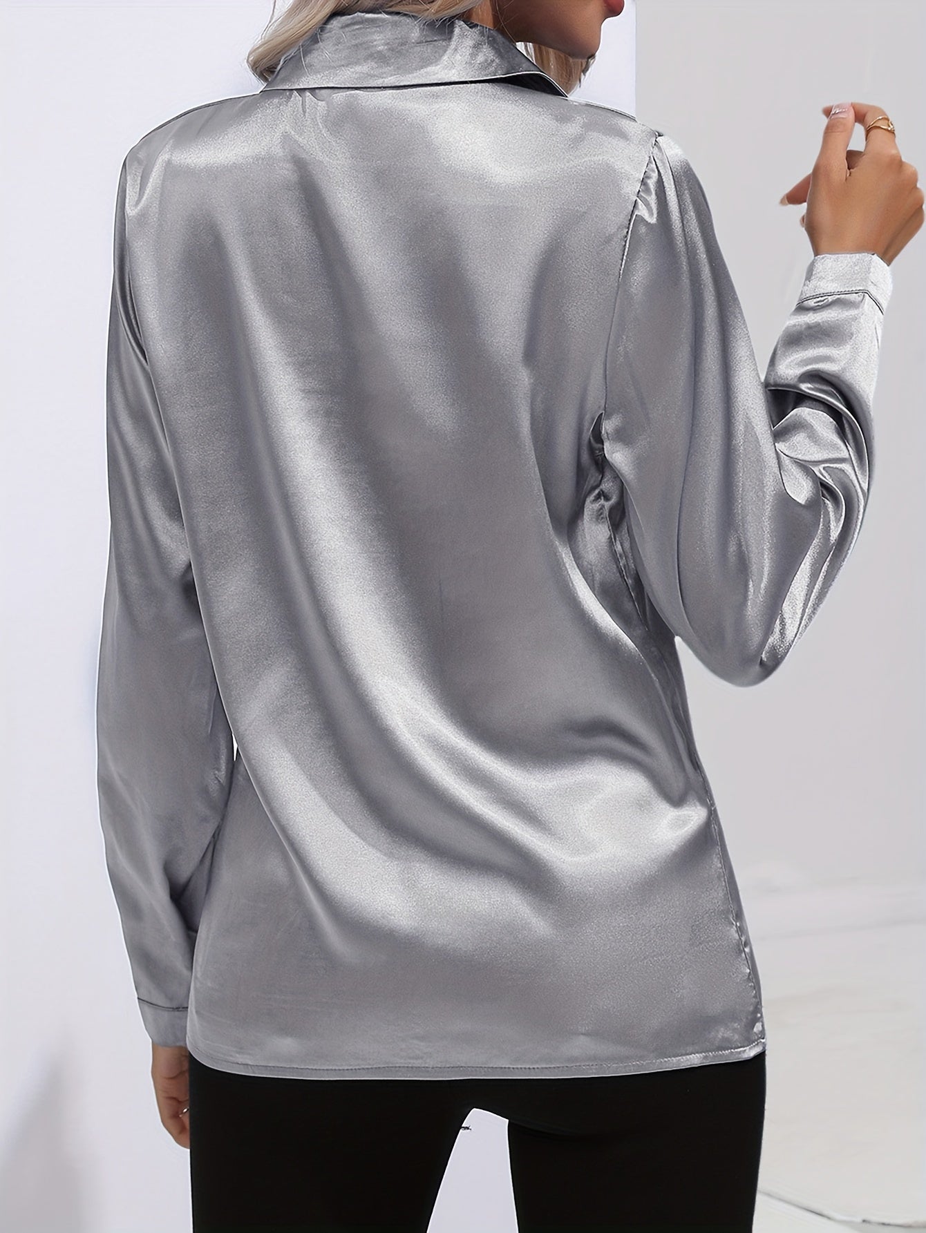Solid Color Button Up Shirt, Elegant Long Sleeve Collared Blouse For Spring & Fall, Women's Clothing