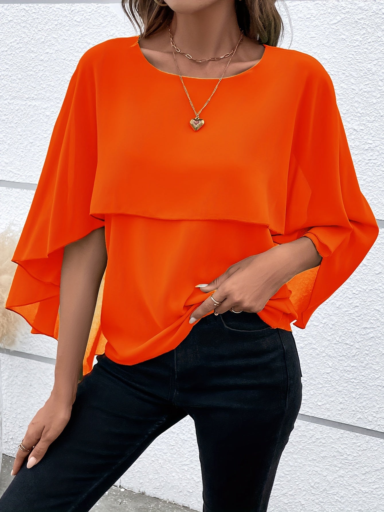 Solid Layered Cloak Sleeve Blouse, Versatile Crew Neck Blouse For Spring & Fall, Women's Clothing