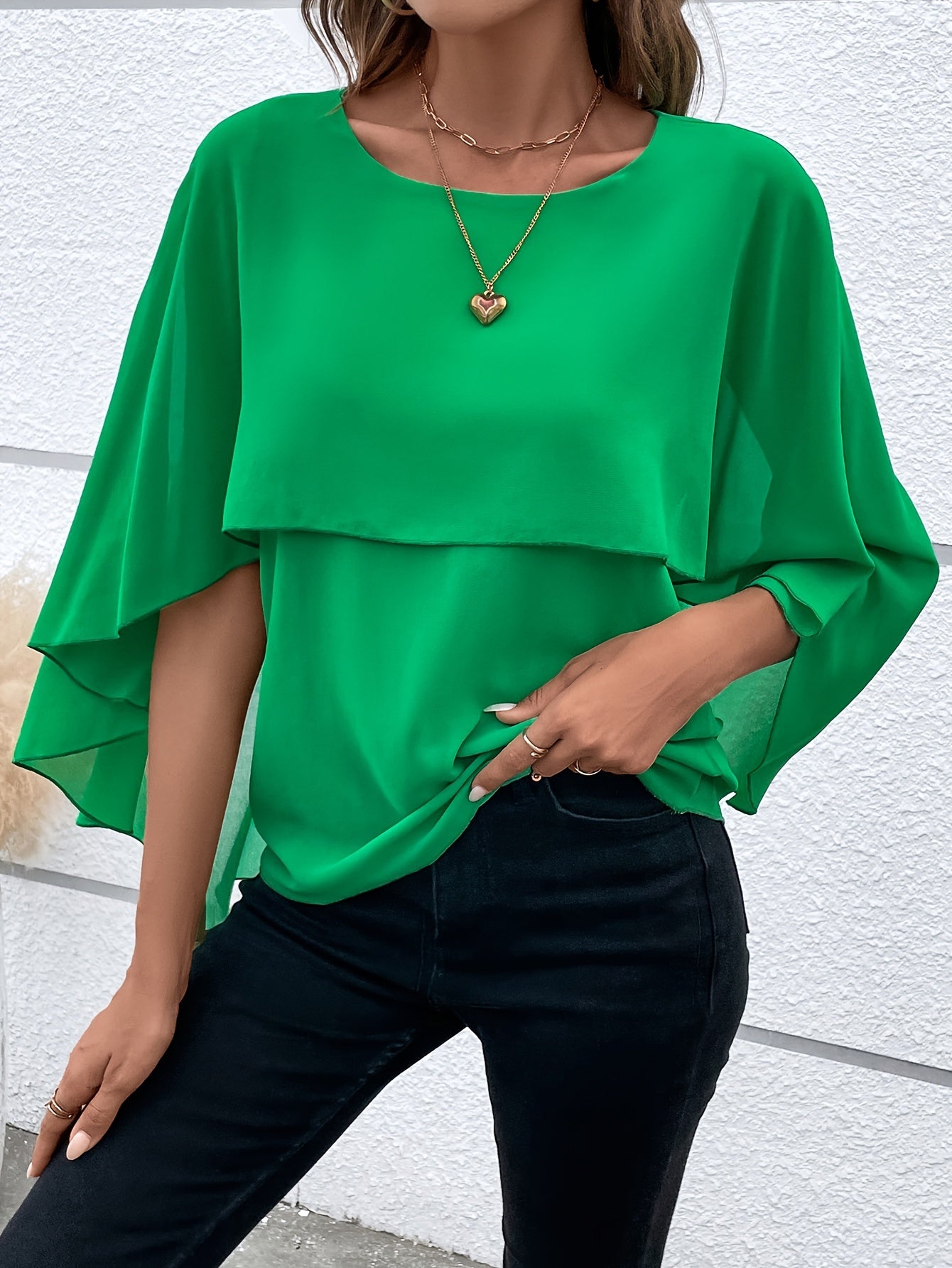 Solid Layered Cloak Sleeve Blouse, Versatile Crew Neck Blouse For Spring & Fall, Women's Clothing