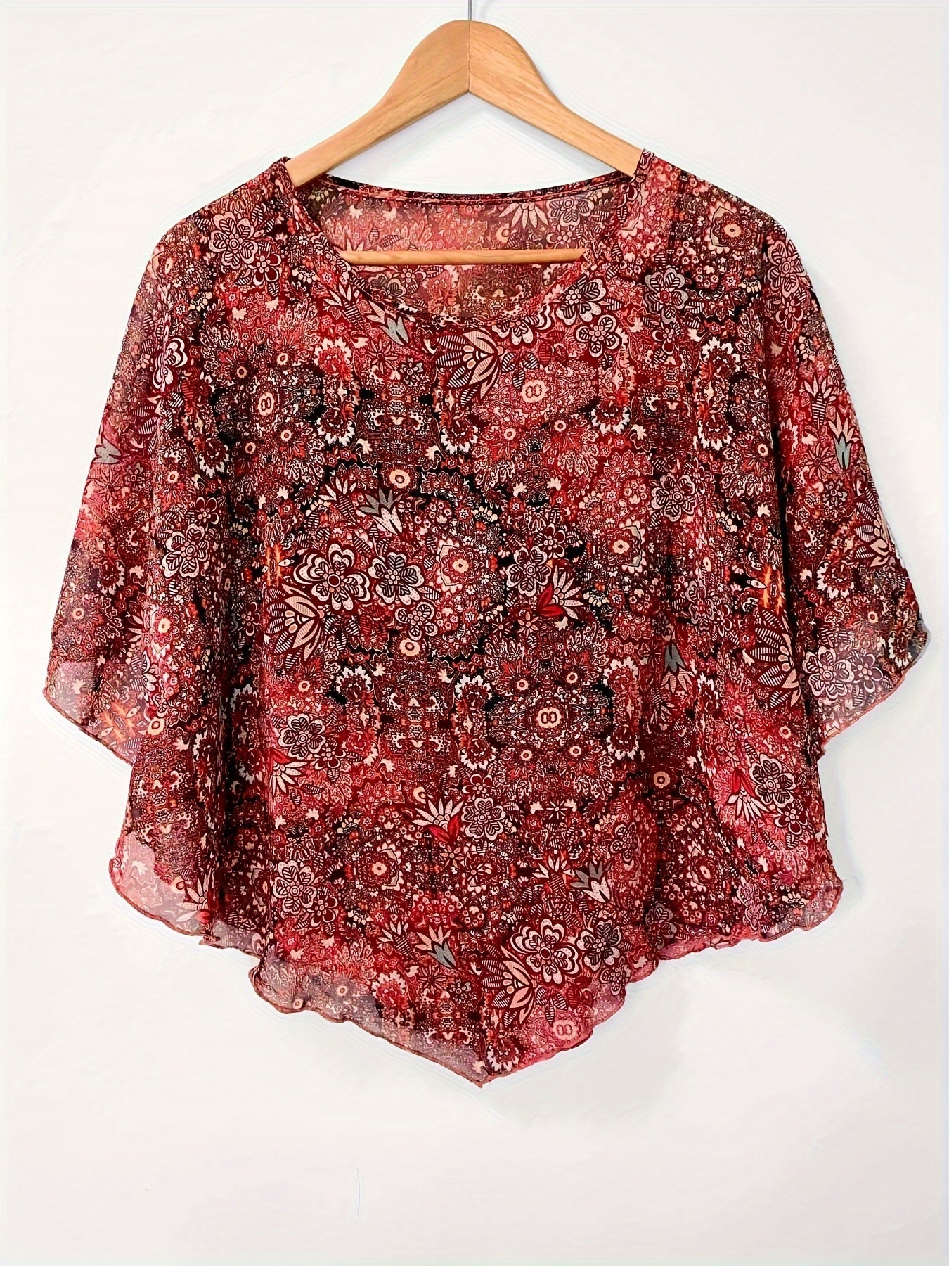 Floral Print Semi-sheer Blouse, Elegant Batwing Sleeve Irregular Hem Top For Spring & Summer, Women's Clothing