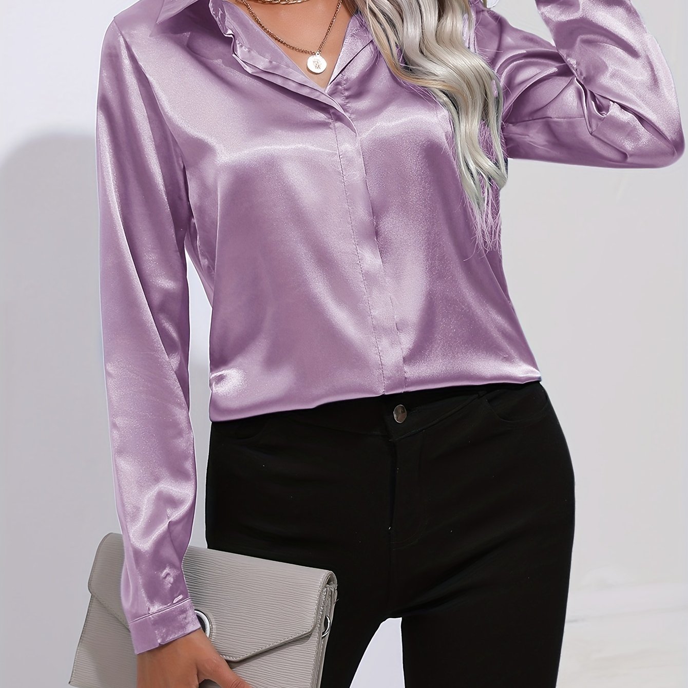 Solid Color Button Up Shirt, Elegant Long Sleeve Collared Blouse For Spring & Fall, Women's Clothing
