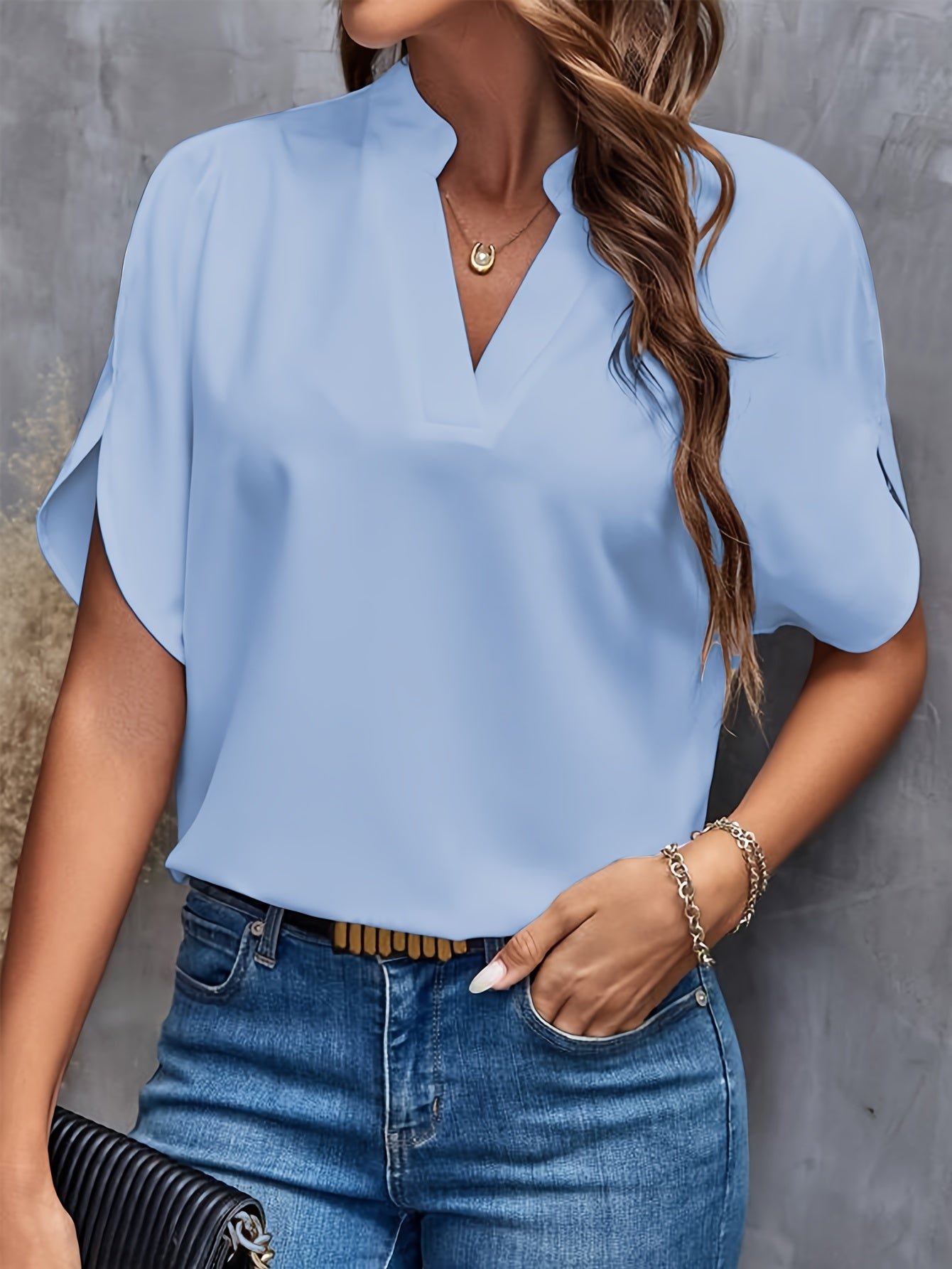 Solid Color Notch Neck Blouse, Casual Short Split Sleeve Blouse For Spring & Summer, Women's Clothing